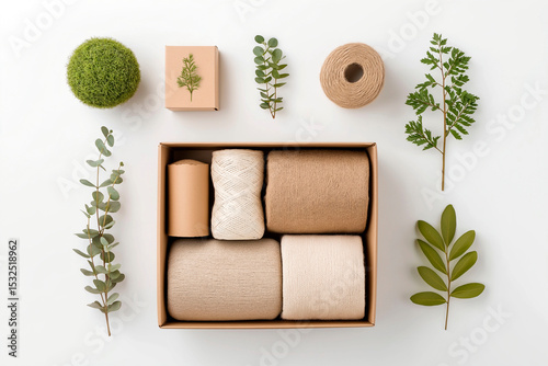 Gift box with natural wrapping supplies and yarn surrounded by green leaves and twine on a white background