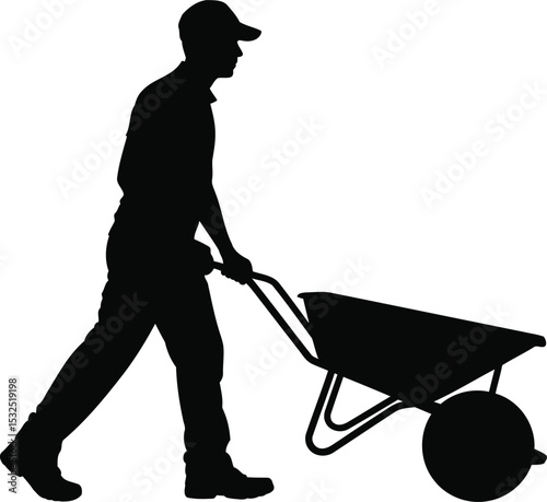 Silhouette of a Worker Pushing a Wheelbarrow, Transparent Background.
