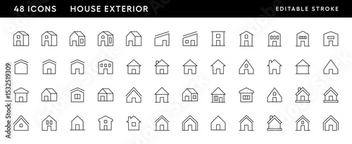 House exterior icon collection. Townhouse, habitation, cottage, exterior, premises, real estate and more. Editable stroke. Pixel Perfect. Grid base 32 x 32.