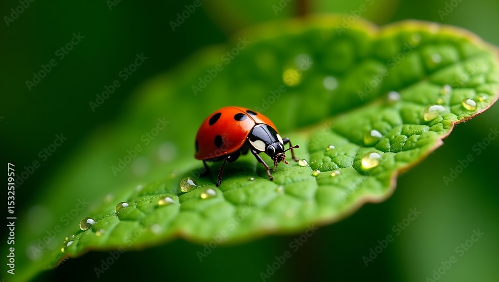 A bright red ladybug with black spots crawls on a fresh green leaf adorned with glistening water droplets. A bright red ladybug with black spots crawls on a fresh green leaf adorned with glistening water droplets.