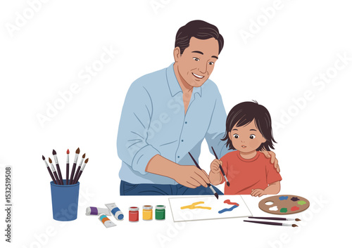 Father and child painting together colorful art supplies scattered isolated on white background