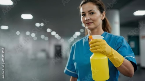 A woman in uniform and yellow gloves holding a spray bottle while spraying liquid. Disinfection and sanitation concept footage.