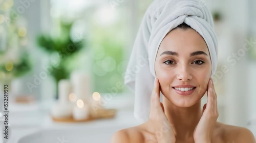 A happy woman with a white towel on her head touching her face in a bright bathroom, showing skincare routine. Footage.