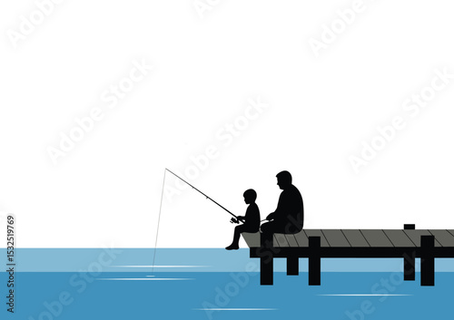 Minimalist father and child silhouette fishing on a dock isolated on white background