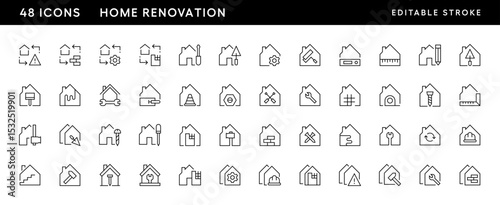 House renovation icon collection. House, repair, renovate, construction, remodeling, home improvement and more. Editable stroke. Pixel Perfect. Grid base 32 x 32.