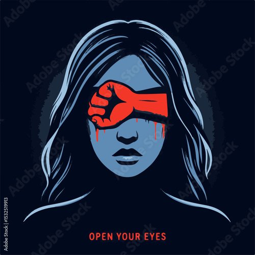 Abstract illustration of a woman with a fist covering eyes in dark style,domestic violence  