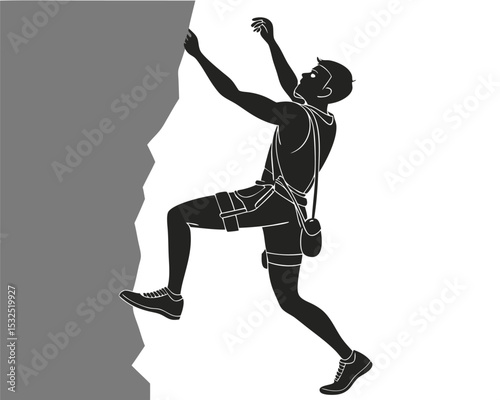 Silhouette of a Man Rock Climbing with Harness and Chalk Bag