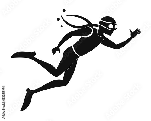 Silhouette of a Scuba Diver Swimming Underwater with Bubbles Ascending Upward