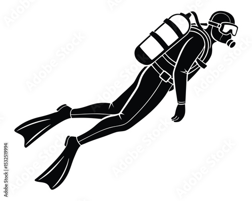 Silhouette of a Scuba Diver Swimming Underwater with Gear