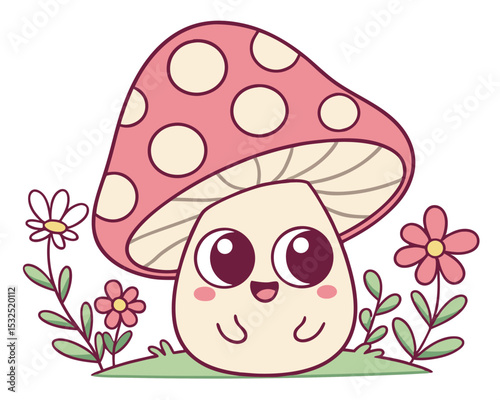 Cute Cartoon Mushroom Character with Flowers and a Pink Polka Dot Cap
