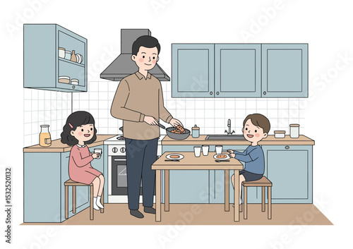 Happy father cooking breakfast with his kids in a cozy kitchen pastel colors isolated on white background