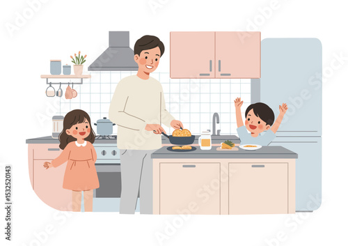 Father cooking breakfast for kids in kitchen, cozy home vector illustration, pastel palette, white background