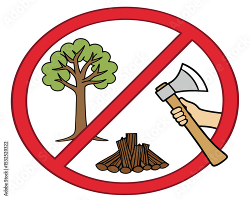 No Deforestation Sign with Tree Firewood and Axe in a Red Circle