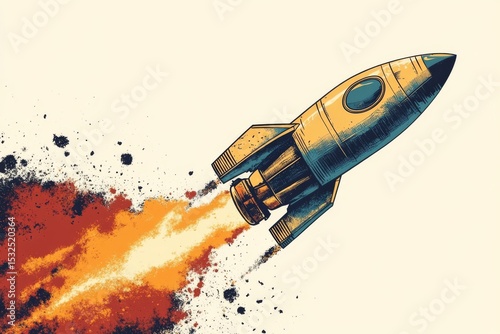 A stylized illustration of a rocket blasting off with fiery exhaust against a light background.