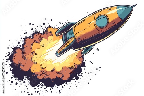 A stylized illustration of a rocket blasting off with fiery exhaust against a light background.