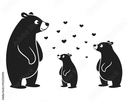 Silhouette of a Bear Family Surrounded by Hearts on a White Background