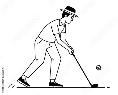 Man in Hat Playing Golf Black and White Line Art