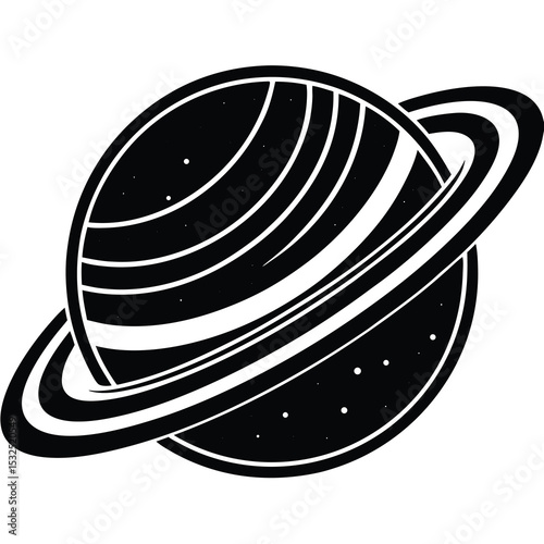 Monochrome Illustration of a Ringed Planet with Stars in the Background