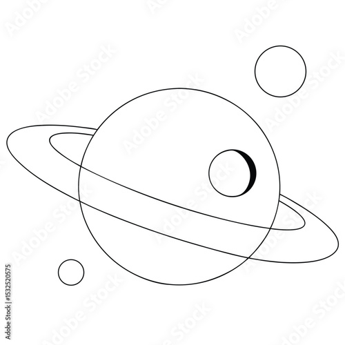 Simple Line Drawing of a Ringed Planet with Three Moons