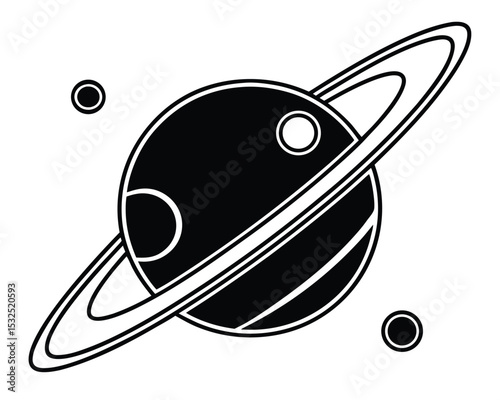 Monochrome Illustration of a Ringed Planet with Two Moons in Space