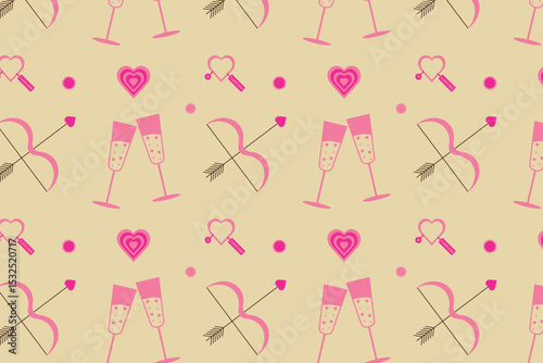 
Seamless pattern for Valentine's Day, wedding, anniversary. Bow and arrows, hearts, festive glasses. Vector illustration.