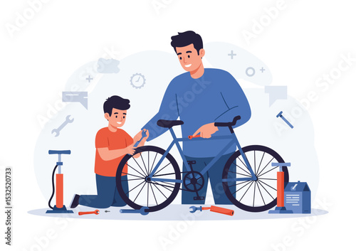 Father and son fixing bicycle together tools surrounding modern flat design isolated on white background