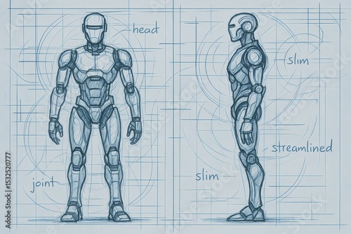 Hand-Drawn Humanoid Robot Concept Sketch – Front and Side Blueprint View
