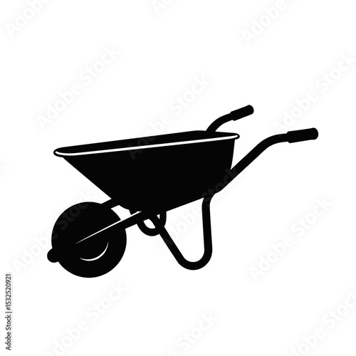 Sturdy metal wheelbarrow for construction work. Durable wheelbarrow design with single wheel and handles.  Black silhouette of wheelbarrow perfect for construction site icons and signage. 