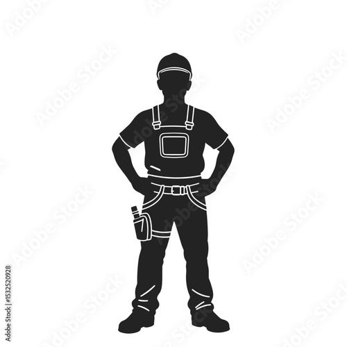 Construction worker silhouette, strong posture hands on hips, wearing work overalls and helmet.  Professional construction worker symbol, perfect for safety signage, industrial design or construction