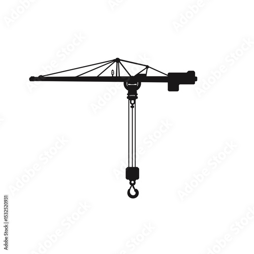 Construction crane silhouette. Powerful lifting machine with hook and cables. Industrial crane for heavy lifting operations. Image ideal for construction company logo or building industry website.