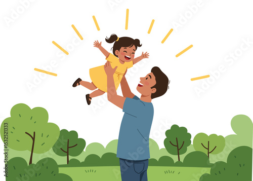 Father lifting toddler in the air in park, joyful vector moment, sunshine elements, white background
