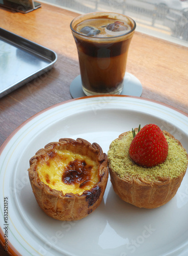 egg tart dessert coffee plate cafe strawberry