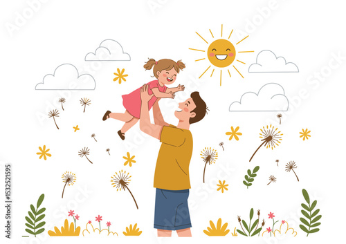 Father lifting toddler in the air in park, joyful vector moment, sunshine elements, white background