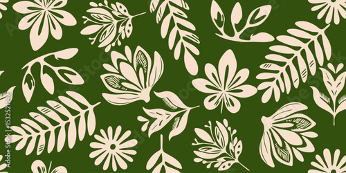Simple Abstract hand-drawn various shapes and doodle Botanical Nature flowers and leaves seamless pattern modern trendy vector illustration. Ideal for textile design, fabric printing, wallpaper, deco