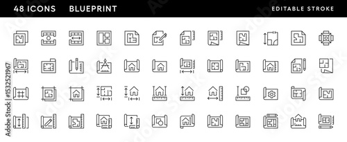 Blueprint and architectue icon collection. Architectural planning, scheme, dimension, project, measurement, floor plan and more. Editable stroke. Pixel Perfect. Grid base 32 x 32.