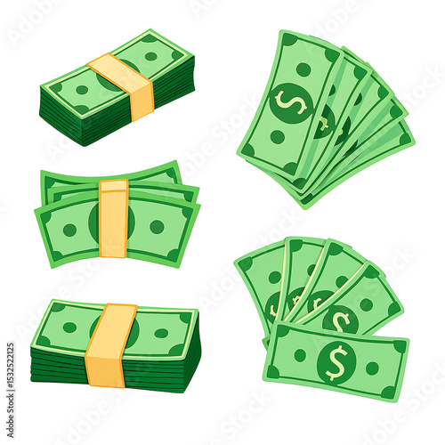 Stack and Bundle of Dollar Bills Isolated on White Background – Money Cash Illustration Set


