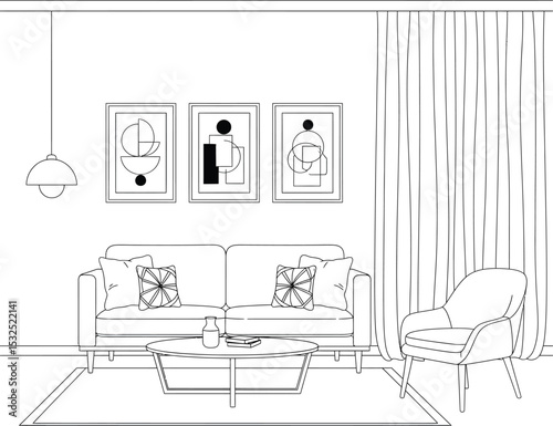Minimalist Line Drawing of a Modern Living Room with Elegant Decor