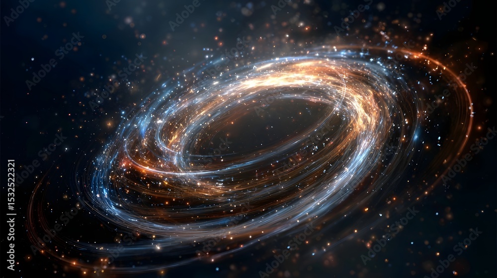 Obraz premium A luminous galactic ring of swirling cosmic energy glowing trails of light in blue orange and white tones forming a circular vortex in the depths of space