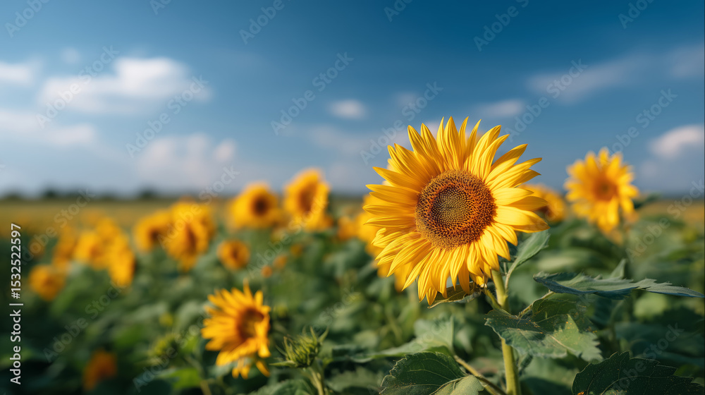 Fototapeta premium Close-up of vibrant sunflowers in a field under a clear blue sky