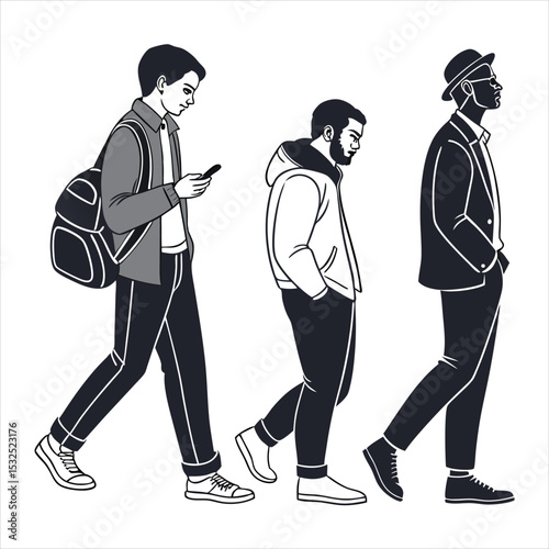 Man  walking together in the city with stylish silhouette illustration