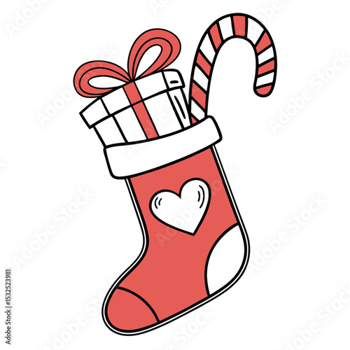Festive Red Christmas Stocking Filled With Sweet Treats and Gifts