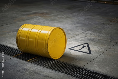 Chemicals emergency response team concept. A spilled yellow barrel on a concrete floor with a caution symbol nearby.