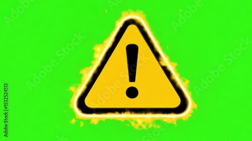Burning exclamation point warning sign on green screen