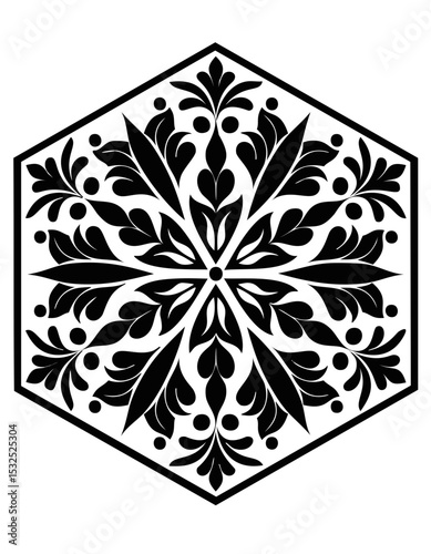 Elegant Floral Ornament in Hexagon Shape Black Vector Decorative Pattern