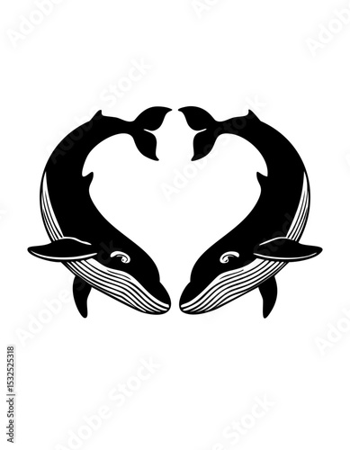 Two Whales Forming Heart Shape Black Vector Marine Life Illustration