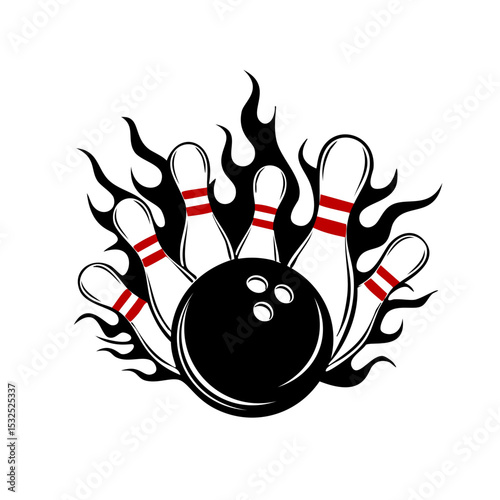 Bowling Ball and Pins with Flames Vector Illustration for Strike Concept