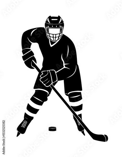 Ice Hockey Player Silhouette with Stick and Puck Vector Illustration