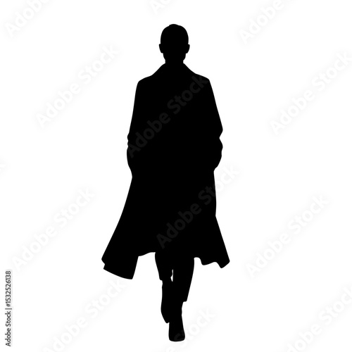 Silhouette of model walking in coat on white background, eco fashion runway