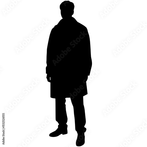 Silhouette of person in jacket on white background, fashion minimalism style