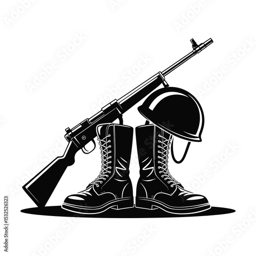 Military boots helmet and rifle graphic design
